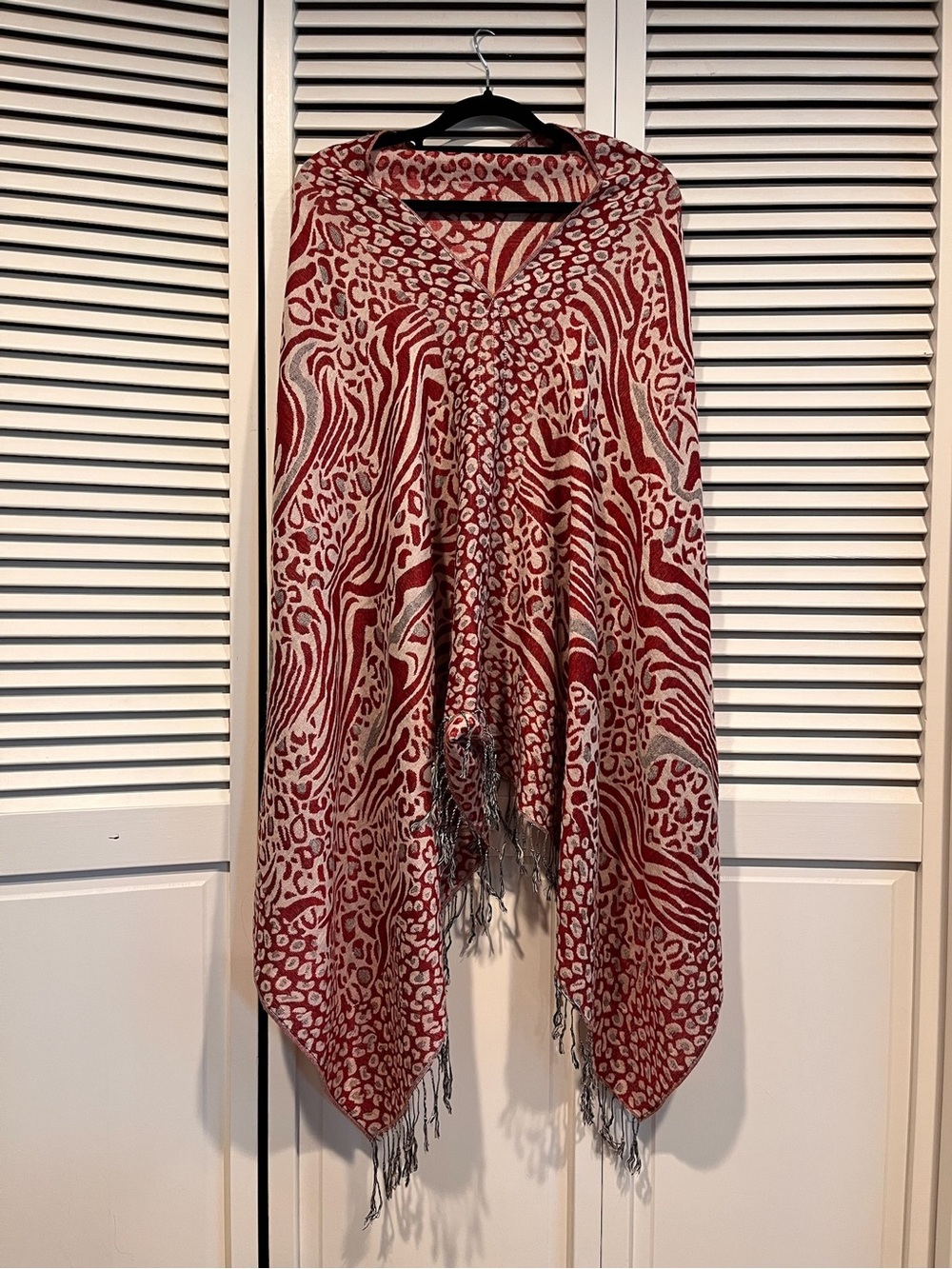 Red & Ivory Flowy Animal Print V-Neck Shawl with Fringe